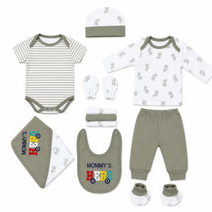 11 Pcs Baby Starter Set Grey Mommy’s Hero Design with Bodysuit, Shirt, Pant, Bib, Cap, Mittens, Booties and Wrapping Sheet