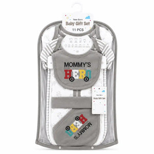 11 Pcs Newborn Baby Starter Set Grey Mommy’s Hero Design in Gift Packaging