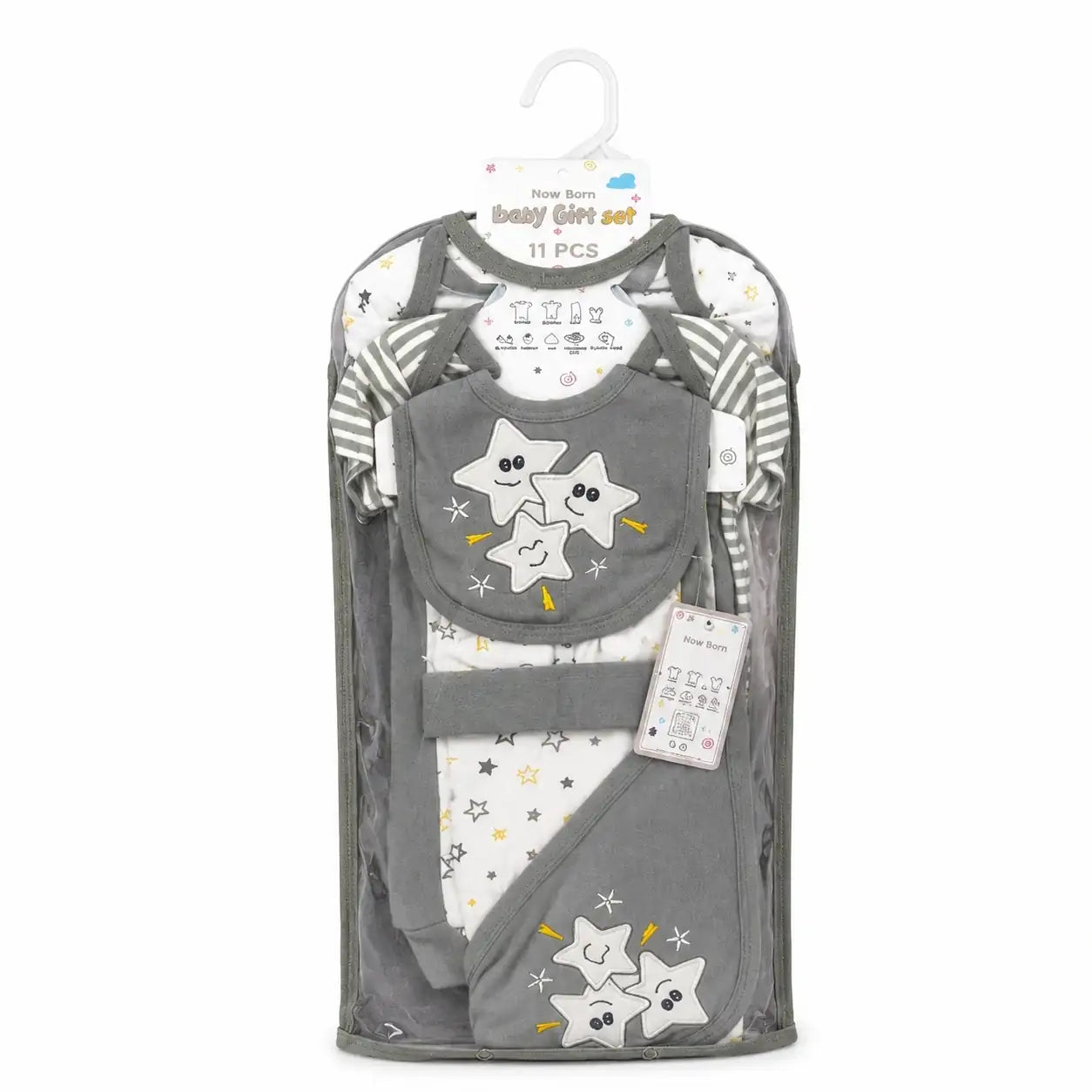 11 Pcs Baby Starter Set Grey Star Print in Hanger Pack for Newborn Baby