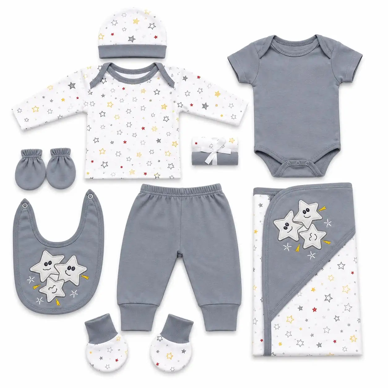 11 Pcs Newborn Baby Starter Set Grey Star Design with Clothes, Bib, Cap and Wrapping Sheet