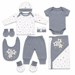 11 Pcs Newborn Baby Starter Set Grey Star Design with Clothes, Bib, Cap and Wrapping Sheet
