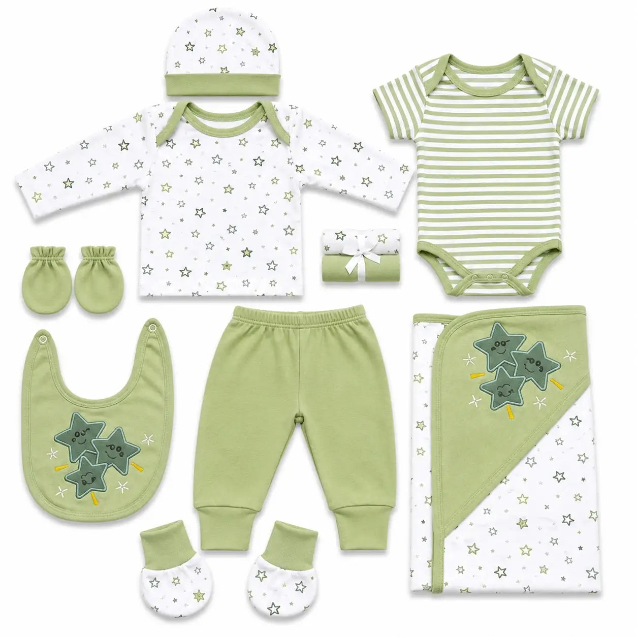 11 Pcs Newborn Baby Starter Set Light Green Star Print with Baby Clothes, Bib, Cap, Mittens and Wrapping Sheet