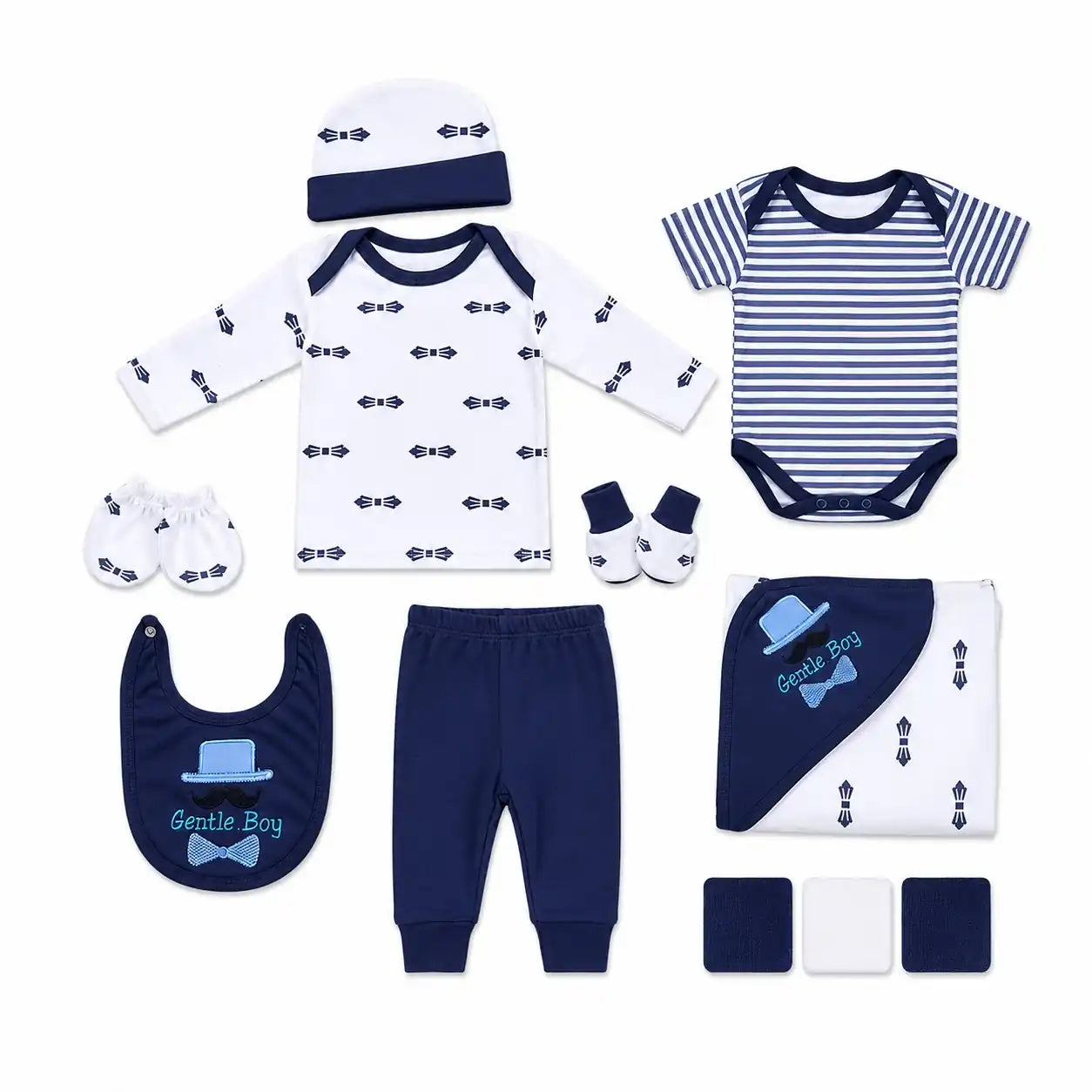 11 Pcs Navy Blue Gentle Boy Baby Starter Set with Bodysuit, Shirt, Pant, Bib, Cap, Mittens, Booties and Wrapping Sheet