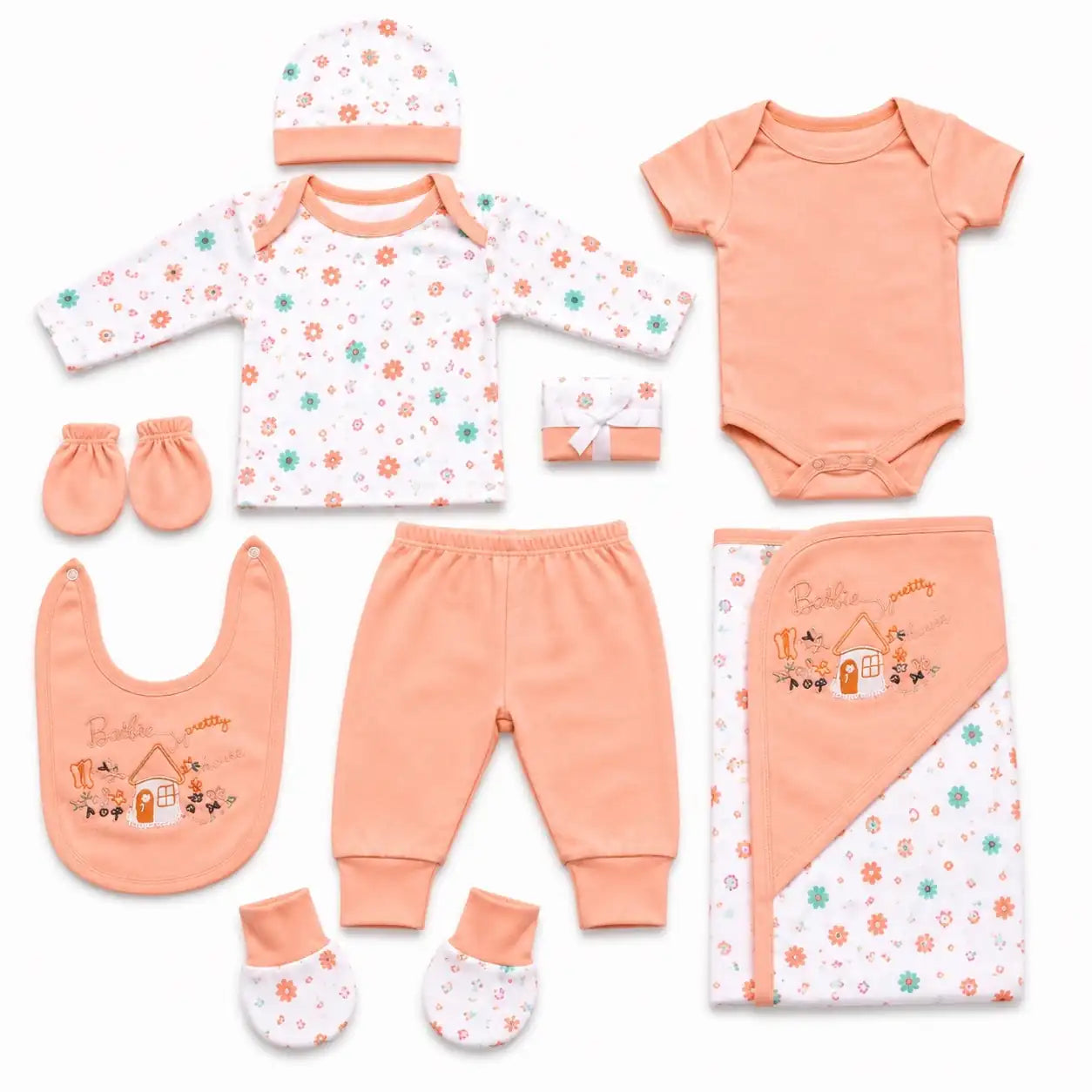 11 Pcs Newborn Baby Girl Starter Set Peach Pretty House Design with Clothes, Bib, Cap, Mittens and Wrapping Sheet