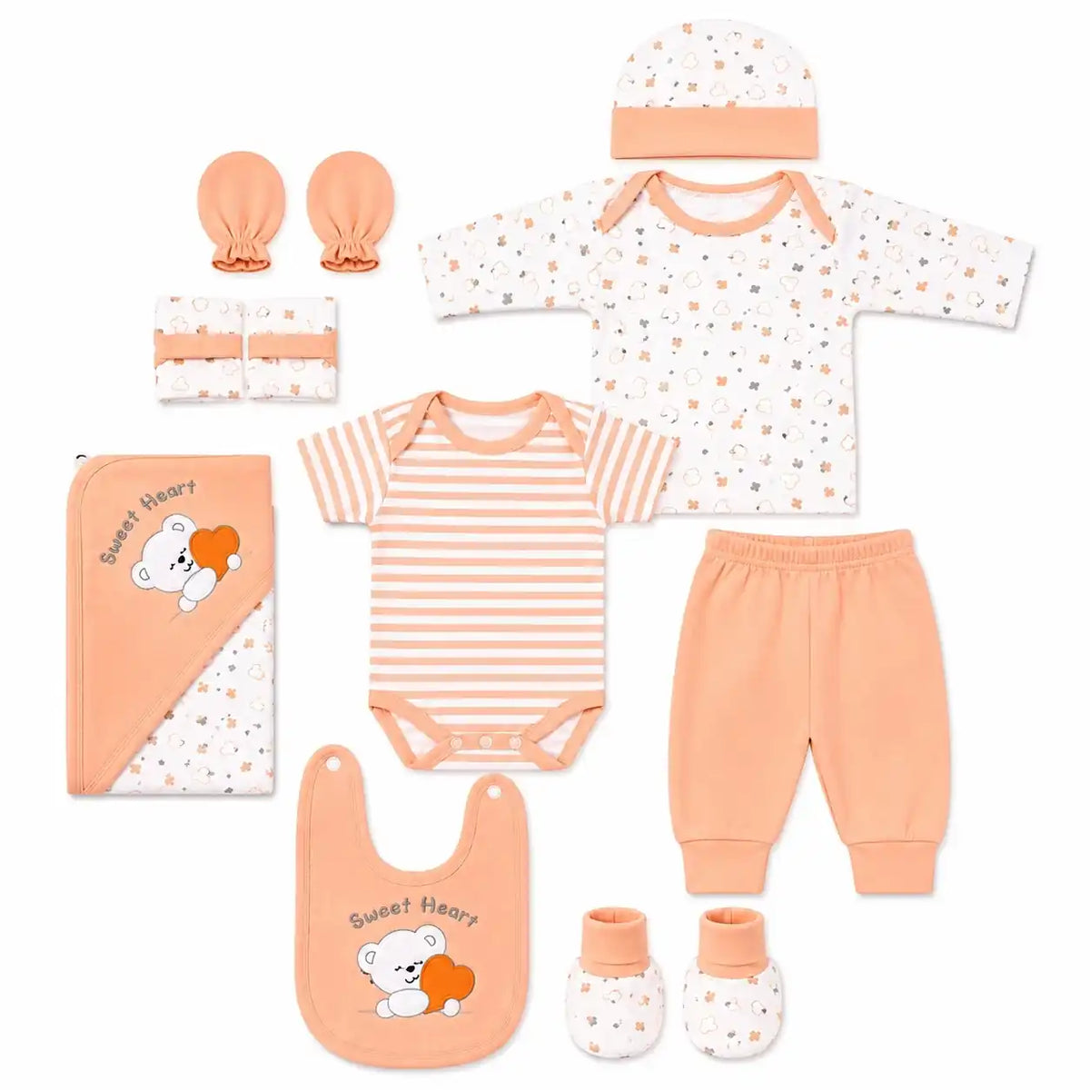 11 Pcs Baby Starter Set Peach Sweet Heart Bear Design with Bodysuit, Shirt, Pant, Bib, Cap, Mittens, Booties and Wrapping Sheet