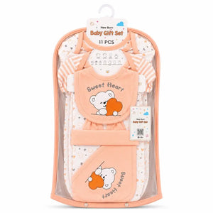 11 Pcs Newborn Baby Starter Set Peach Sweet Heart Bear Design in Gift Packaging
