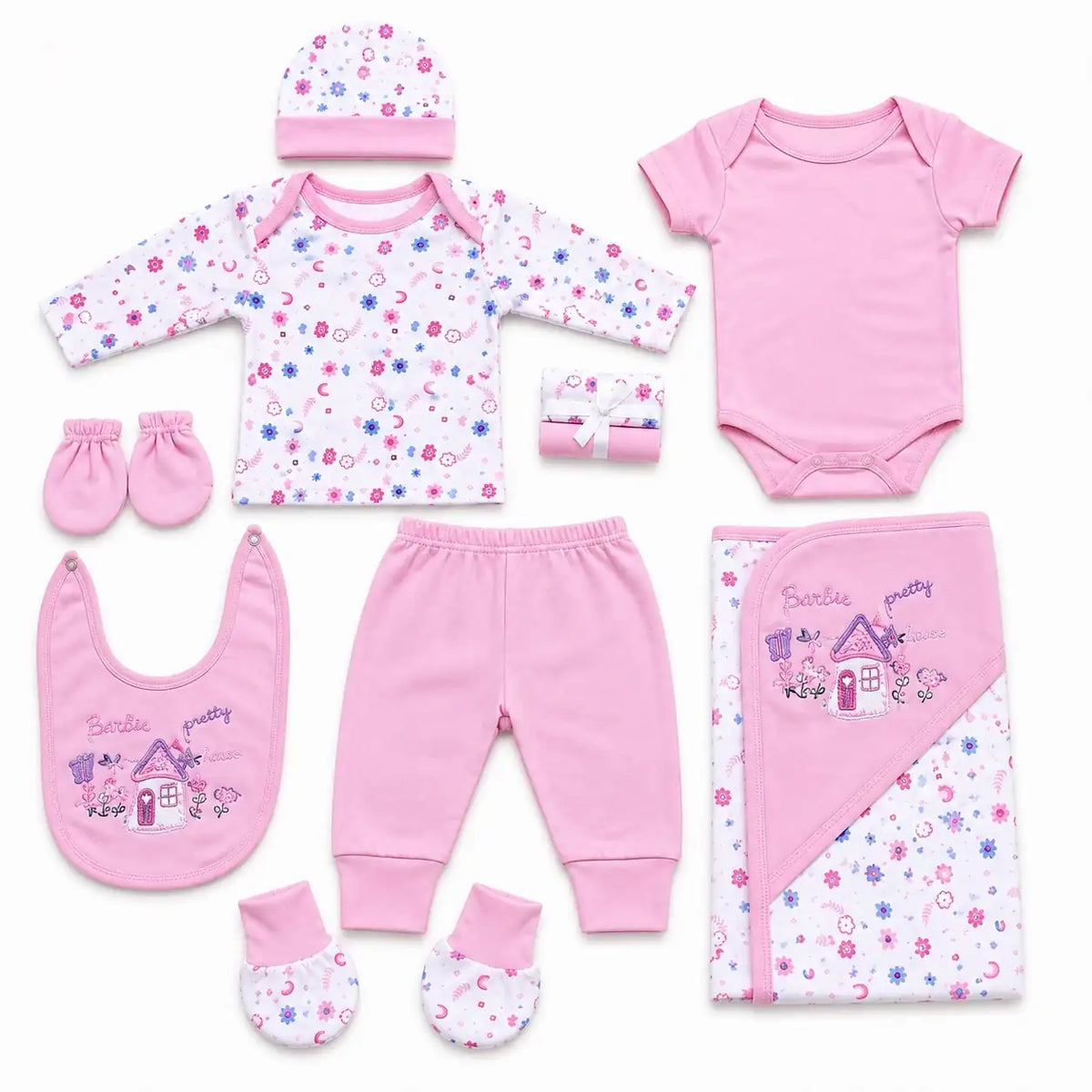 11 Pcs Baby Girl Starter Set Pink Barbie Pretty House Design with Clothes, Bib, Cap and Wrapping Sheet