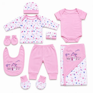 11 Pcs Baby Girl Starter Set Pink Barbie Pretty House Design with Clothes, Bib, Cap and Wrapping Sheet
