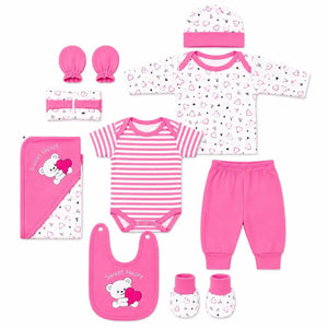 11 Pcs Baby Starter Set Pink Sweet Heart Bear Design with Bodysuit, Shirt, Pant, Bib, Cap, Mittens, Booties and Wrapping Sheet