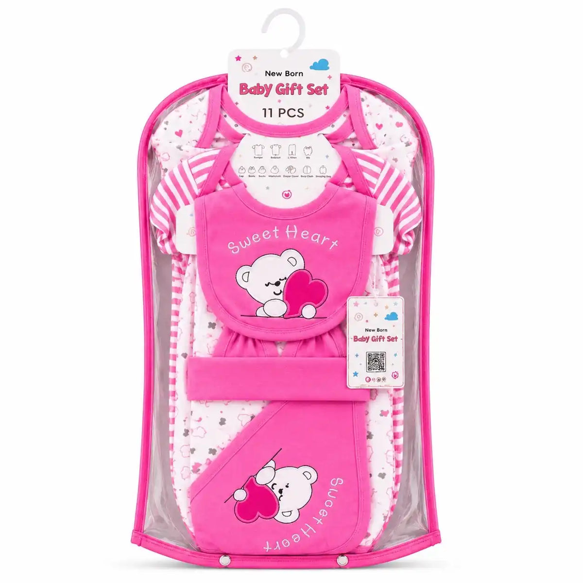 11 Pcs Newborn Baby Starter Set Pink Sweet Heart Bear Design in Gift Packaging