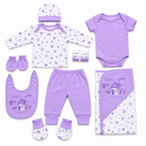 11 Pcs Newborn Baby Girl Starter Set Purple Pretty House Design with Clothes, Bib, Cap, Mittens and Wrapping Sheet