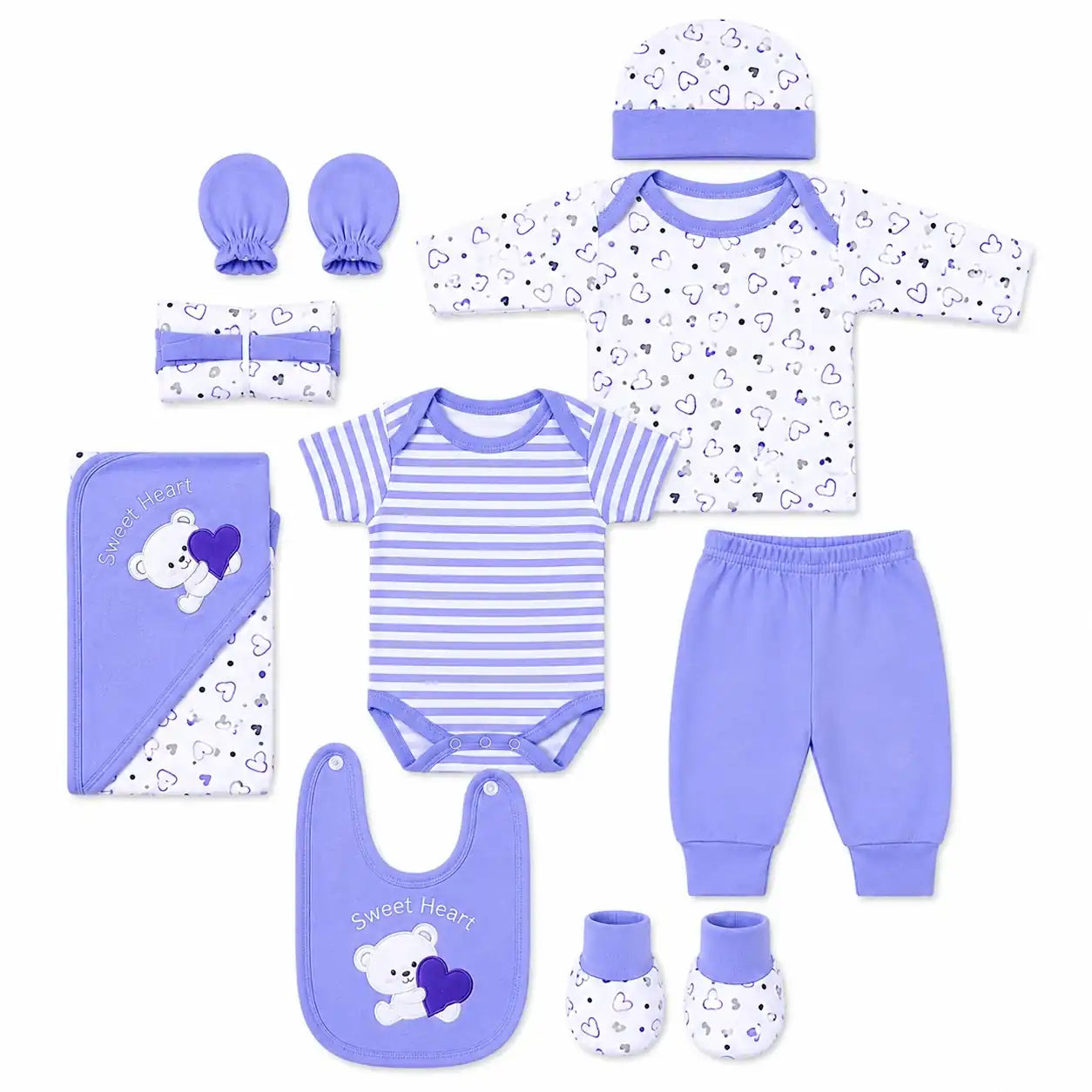 11 Pcs Baby Starter Set Purple Sweet Heart Bear Design with Bodysuit, Shirt, Pant, Bib, Cap, Mittens, Booties and Wrapping Sheet