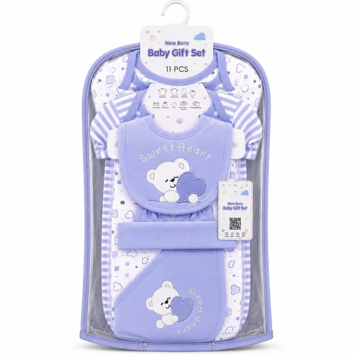 11 Pcs Newborn Baby Starter Set Purple Sweet Heart Bear Design in Gift Packaging
