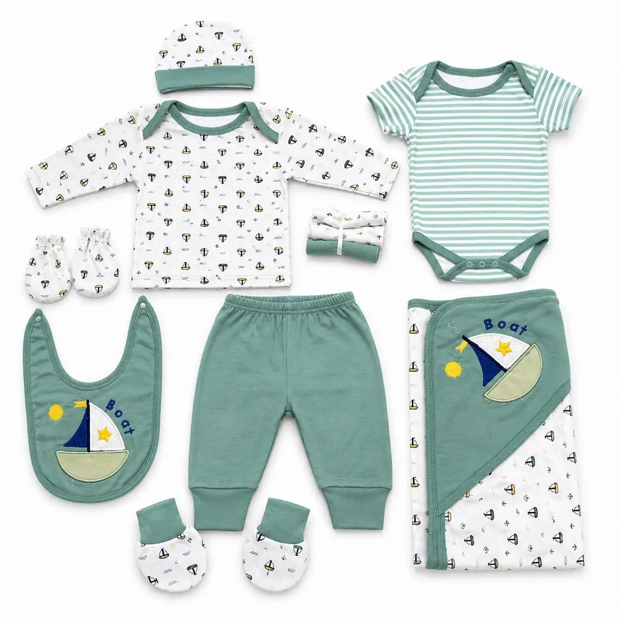 11 Pcs Baby Starter Set Green Boat Print with Clothes, Cap, Bib, Mittens and Wrapping Sheet