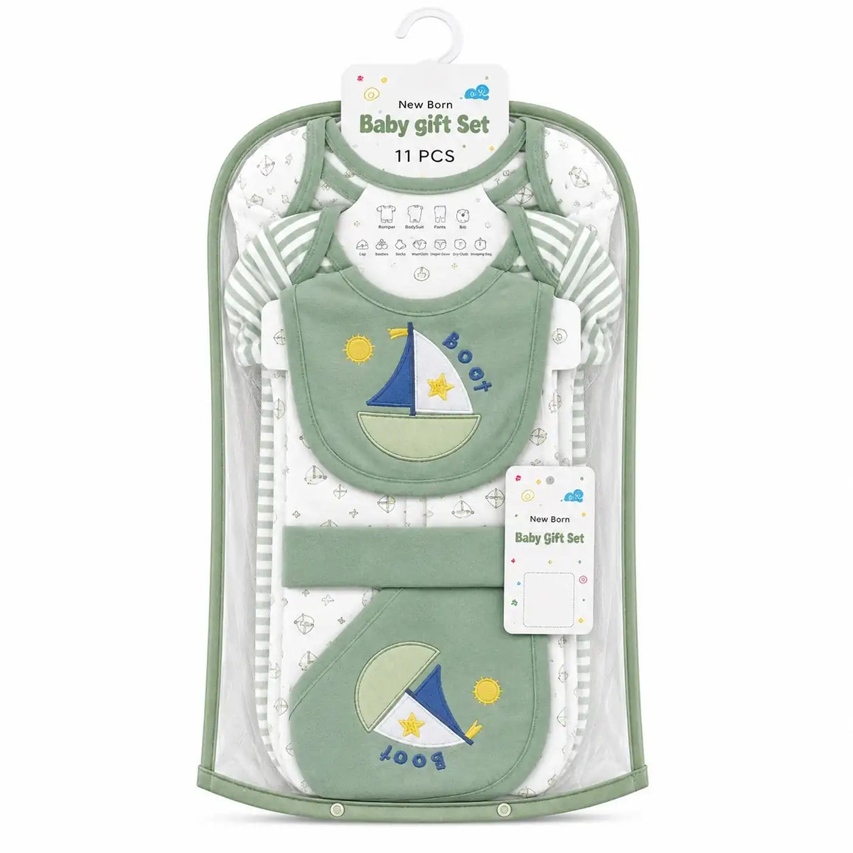 11 Pcs Newborn Baby Starter Set Green Sailboat Design with Bib and Wrapping Sheet