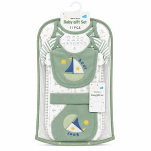 11 Pcs Newborn Baby Starter Set Green Sailboat Design with Bib and Wrapping Sheet