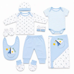 11 Pcs Baby Starter Set Sky Blue Boat Print with Clothes, Cap, Bib, Mittens and Wrapping Sheet