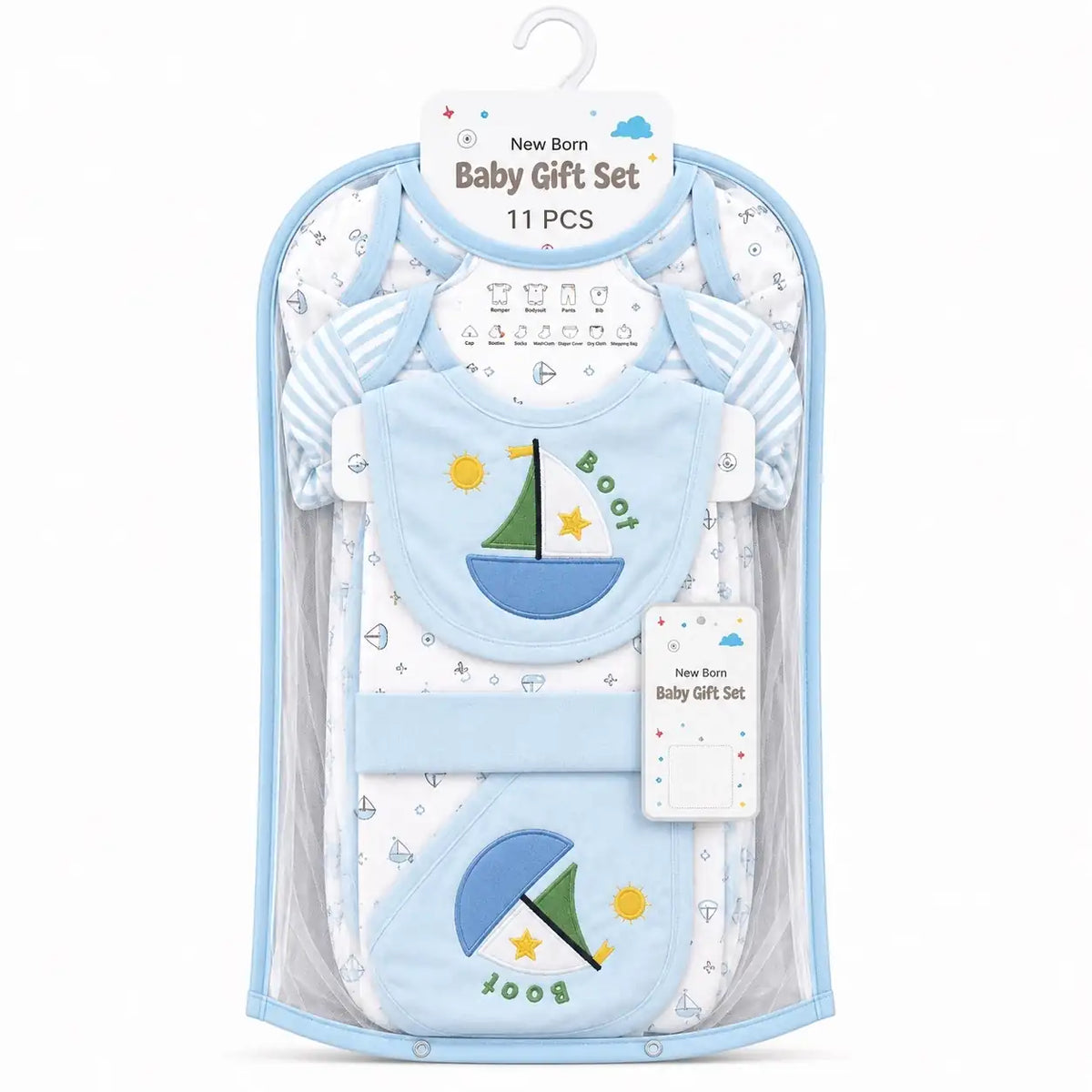11 Pcs Newborn Baby Starter Set Sky Blue Sailboat Design with Wrapping Sheet and Bib