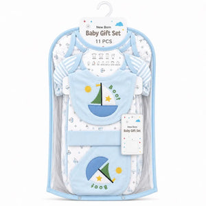 11 Pcs Newborn Baby Starter Set Sky Blue Sailboat Design with Wrapping Sheet and Bib