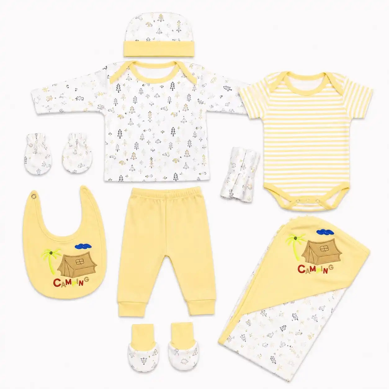 11 Pcs Baby Starter Set Yellow Camping Design with Bodysuit, Shirt, Pant, Bib, Cap, Mittens, Booties and Wrapping Sheet
