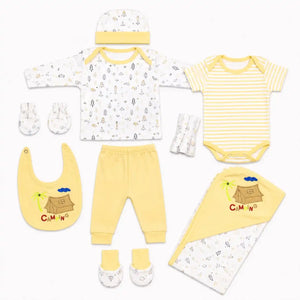 11 Pcs Baby Starter Set Yellow Camping Design with Bodysuit, Shirt, Pant, Bib, Cap, Mittens, Booties and Wrapping Sheet