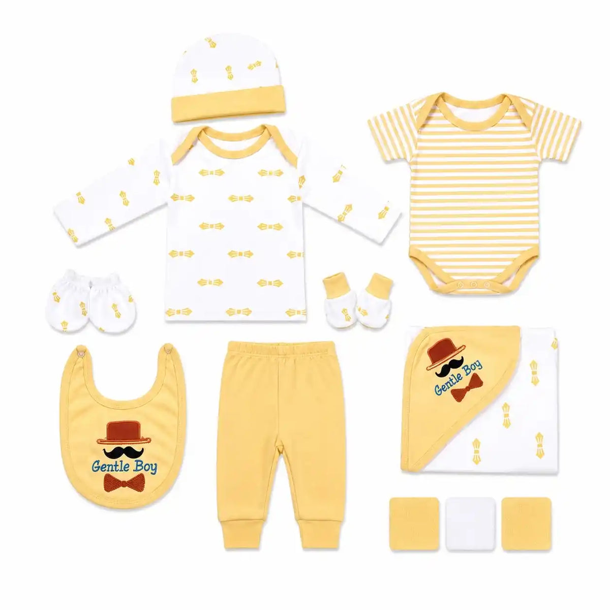 11 Pcs Yellow Gentle Boy Baby Starter Set with Bodysuit, Shirt, Pant, Bib, Cap, Mittens, Booties and Wrapping Sheet
