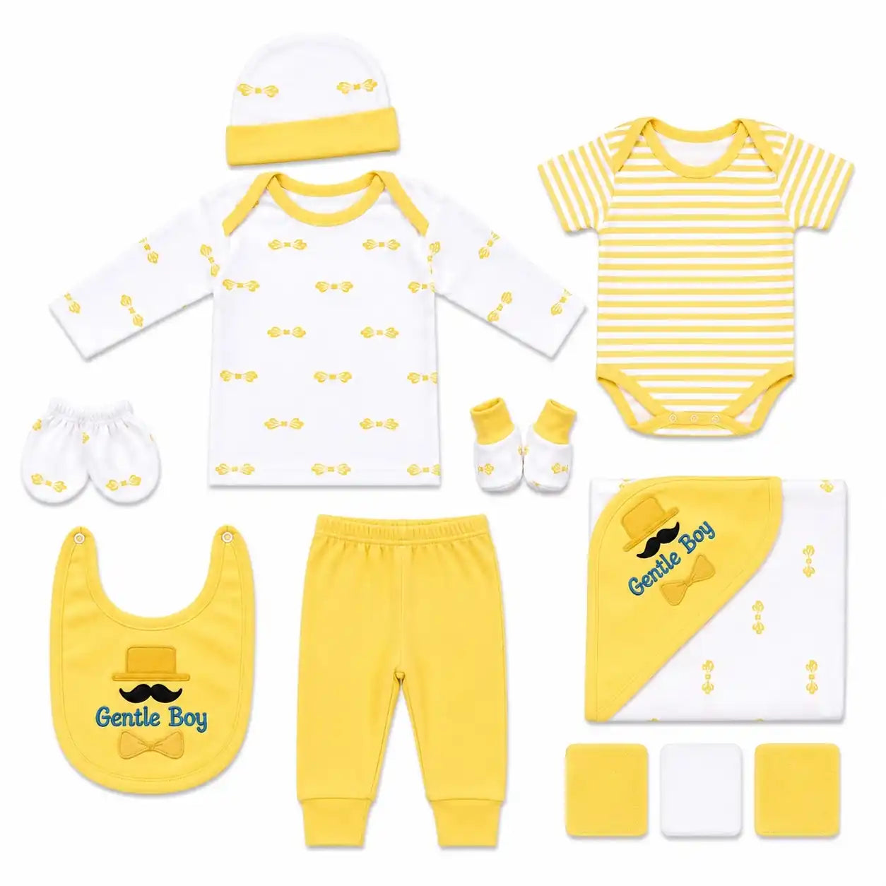 11 Pcs Yellow Gentle Boy Baby Starter Set with Bodysuit, Shirt, Pant, Bib, Cap, Mittens, Booties and Wrapping Sheet