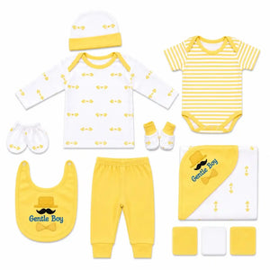 11 Pcs Yellow Gentle Boy Baby Starter Set with Bodysuit, Shirt, Pant, Bib, Cap, Mittens, Booties and Wrapping Sheet