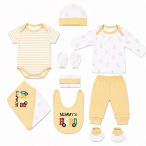 11 Pcs Baby Starter Set Yellow Mommy’s Hero Design with Clothes, Cap, Bib, Mittens and Wrapping Sheet