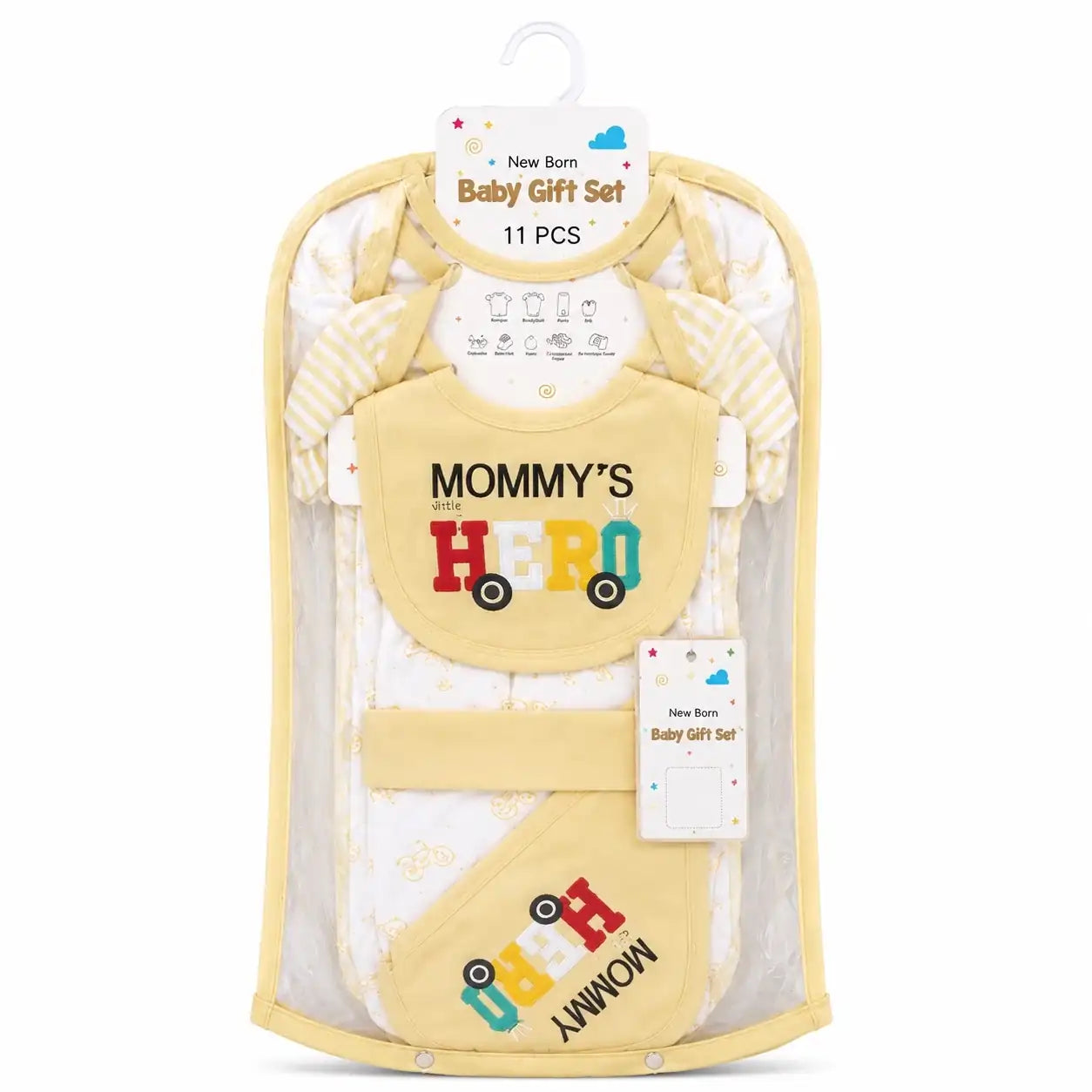 11 Pcs Newborn Baby Starter Set Yellow Mommy’s Hero Design with Bib and Wrapping Sheet