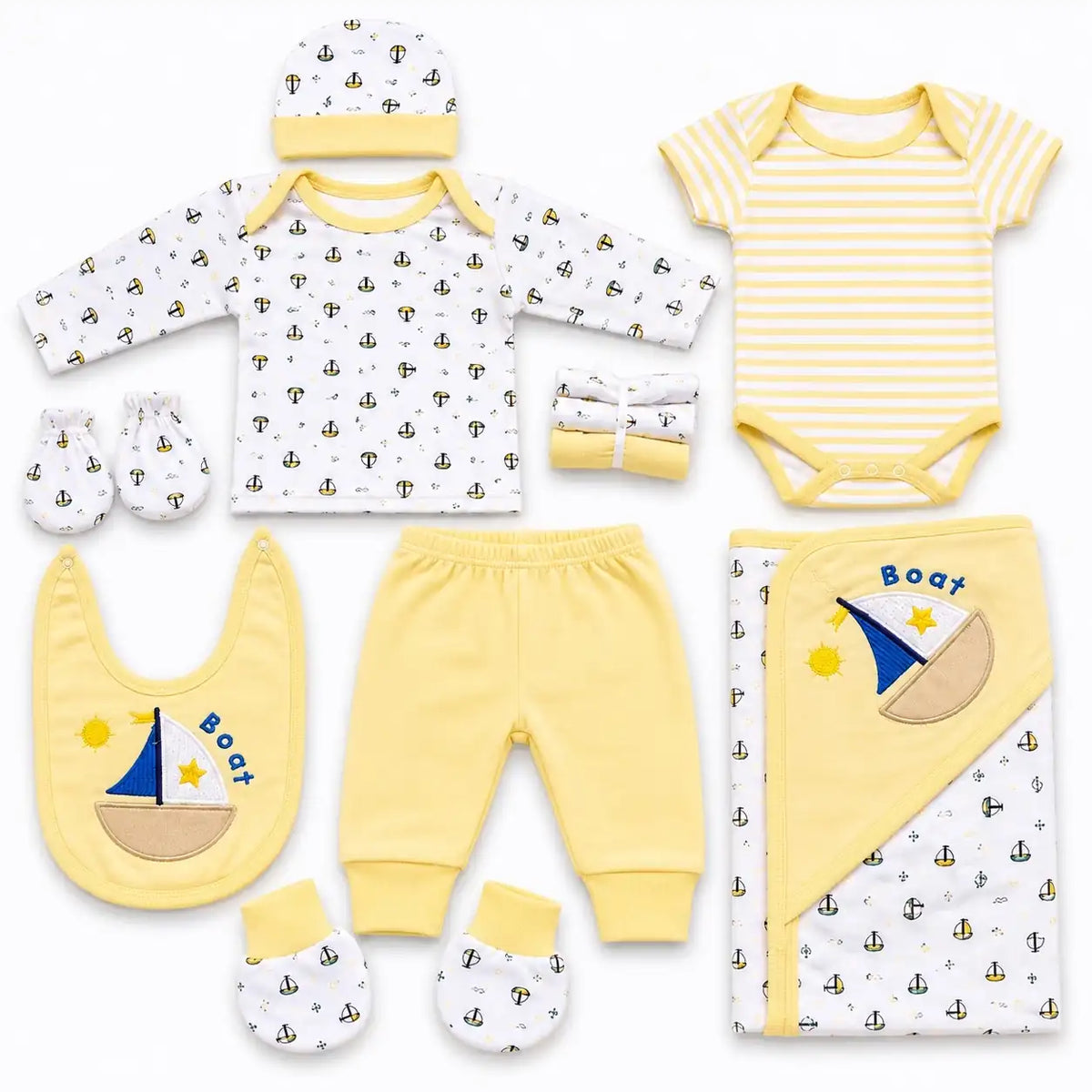 11 Pcs Newborn Baby Starter Set Yellow Sailboat Design with Clothes, Bib, Cap, Mittens and Wrapping Sheet