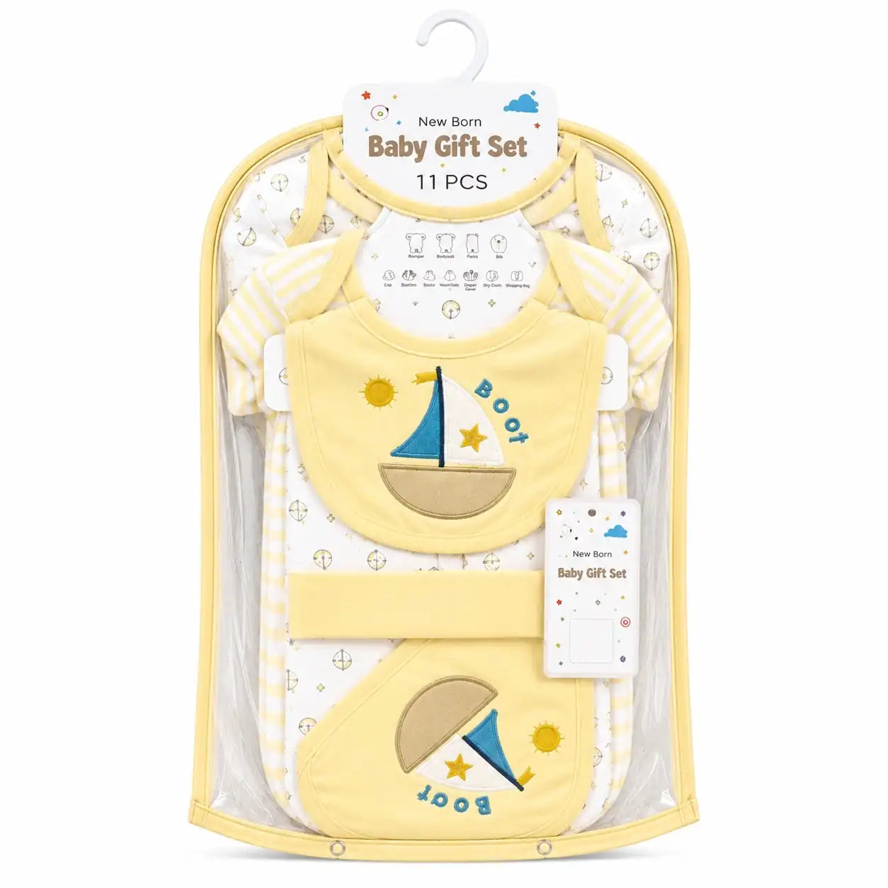 11 Pcs Baby Starter Set Yellow Boat Design in Hanger Pack for Newborn Baby 0–3 Months