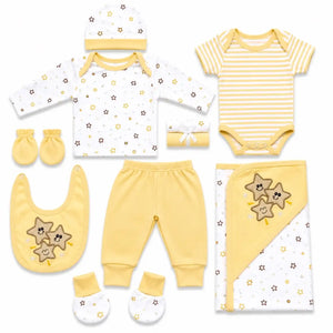 11 Pcs Newborn Baby Starter Set Yellow Star Print with Baby Clothes, Bib, Cap, Mittens and Wrapping Sheet