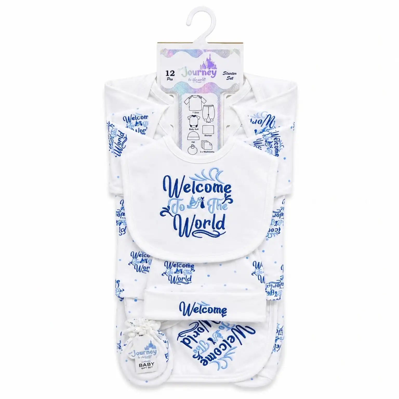 Blue Welcome to the World 12-piece baby starter set for babies aged 0–3 months