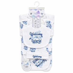 Blue Welcome to the World 12-piece baby starter set for babies aged 0–3 months