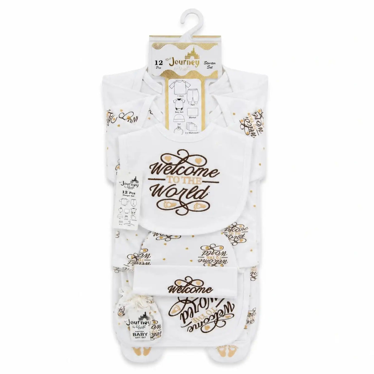 Brown Welcome to the World 12-piece baby starter set with matching newborn essentials
