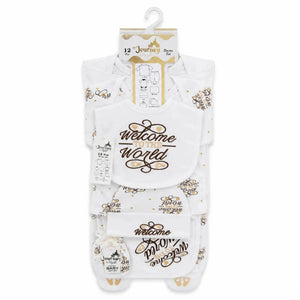Brown Welcome to the World 12-piece baby starter set with matching newborn essentials