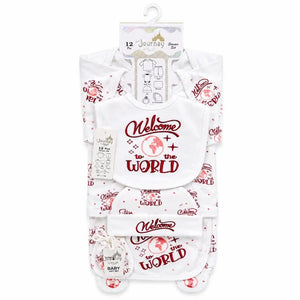Red Welcome to the World 12-piece baby starter set with matching print design