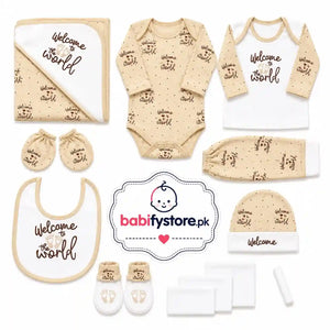 Cream 12 Pcs Newborn Baby Starter Set with Full Sleeves Clothing and Essential Accessories