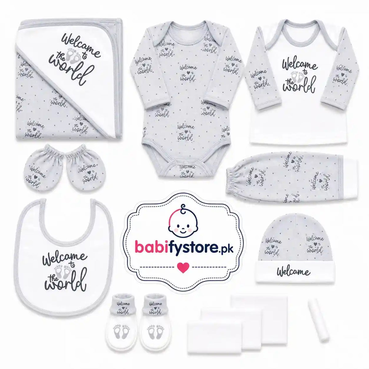 Grey 12 Pcs Newborn Baby Clothing Set with Bodysuit Pants Bib Cap Mittens Booties and Blanket