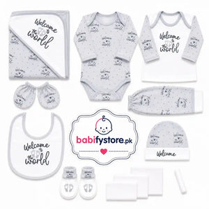 Grey 12 Pcs Newborn Baby Clothing Set with Bodysuit Pants Bib Cap Mittens Booties and Blanket