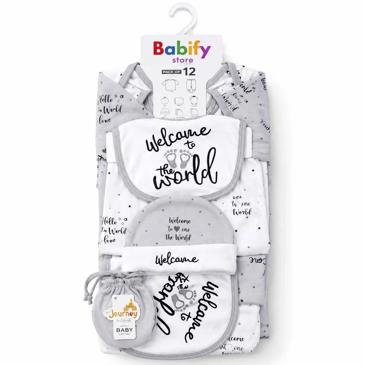 Grey 12 Pcs Baby Starter Set in Soft Breathable Cotton Fabric for Newborns 0 to 3 Months