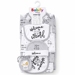 Grey 12 Pcs Baby Starter Set in Soft Breathable Cotton Fabric for Newborns 0 to 3 Months