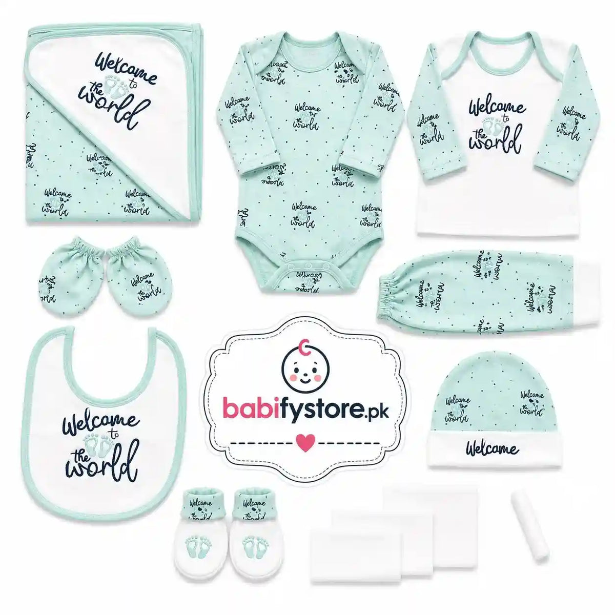 Mint Green 12 Pcs Newborn Baby Starter Set with Clothing Blanket and Baby Accessories