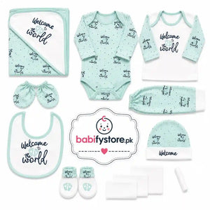 Mint Green 12 Pcs Newborn Baby Starter Set with Clothing Blanket and Baby Accessories