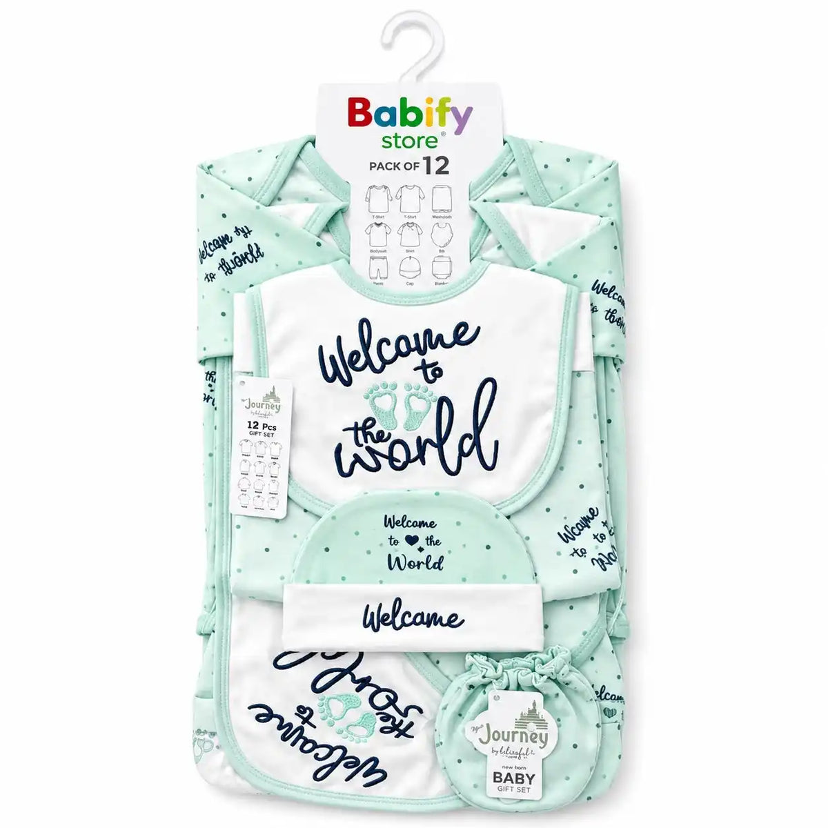 Mint Green 12 Pcs Newborn Baby Starter Set with Full Sleeves T-Shirt Bodysuit and Accessories