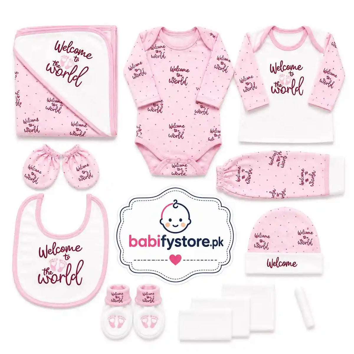 Pink 12 Pcs Newborn Baby Clothing Starter Set with Bodysuit Bib Cap Booties and Blanket