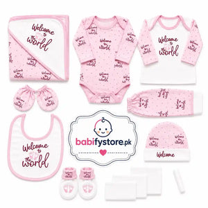Pink 12 Pcs Newborn Baby Clothing Starter Set with Bodysuit Bib Cap Booties and Blanket