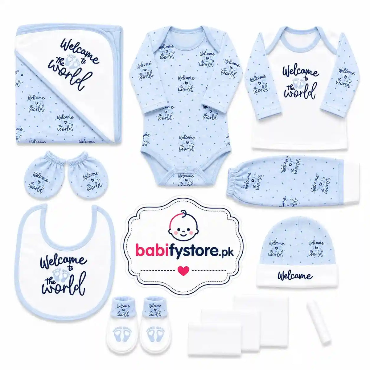 Blue 12 Pcs Newborn Baby Starter Set in Soft Cotton Fabric for Babies 0 to 3 Months