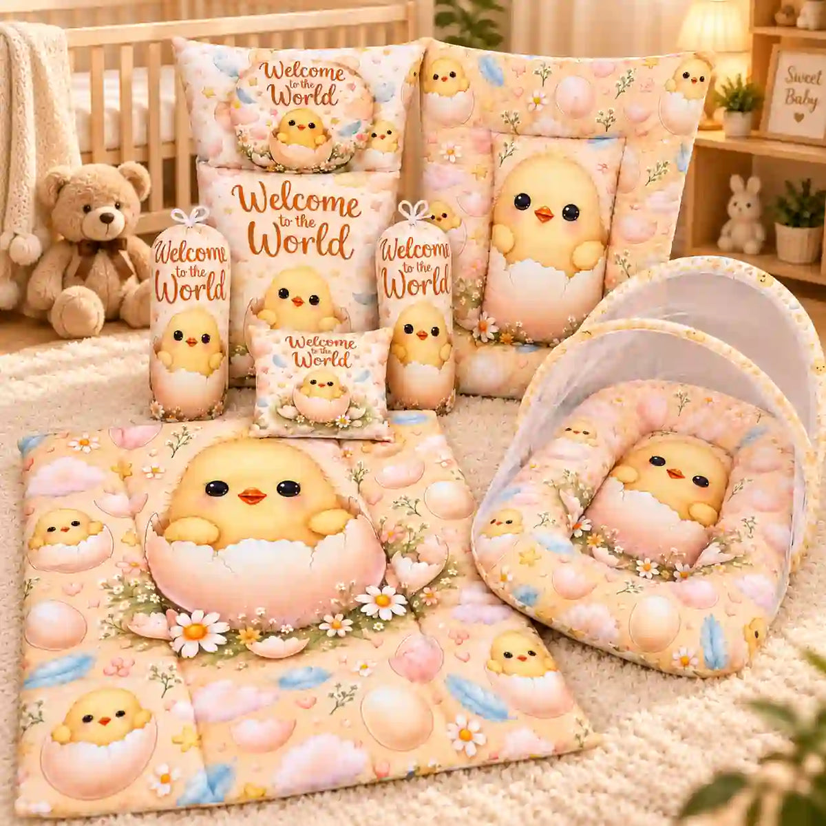 8-Piece Baby Bedding Set with Mosquito Net and Carry Nest Welcome to the World Chick Print in Pakistan